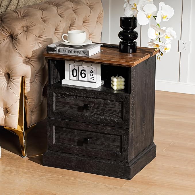 Night Stand with Charging Station, Bedside Table with 2 Drawers Storage and Open Shelf, Wood Farmhouse Nightstand with Outlets for Bedroom Office, Espresso