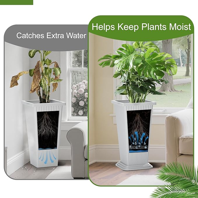 24-Inch Tall Planters Set of 2 for Outdoor and Indoor Use, Tapered Flower Pots with Drainage Tray, Front Porch and Patio Decor, Ideal for Large Plants (Stripes-White)