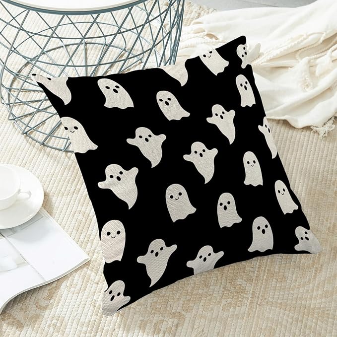 Halloween Ghost Pillow Covers 22x22 Set Of 2 - Black Cute Throw Pillows For Halloween Home Decoration - Decorative Cushion Cases For Couch, Sofa, Outdoor Decor