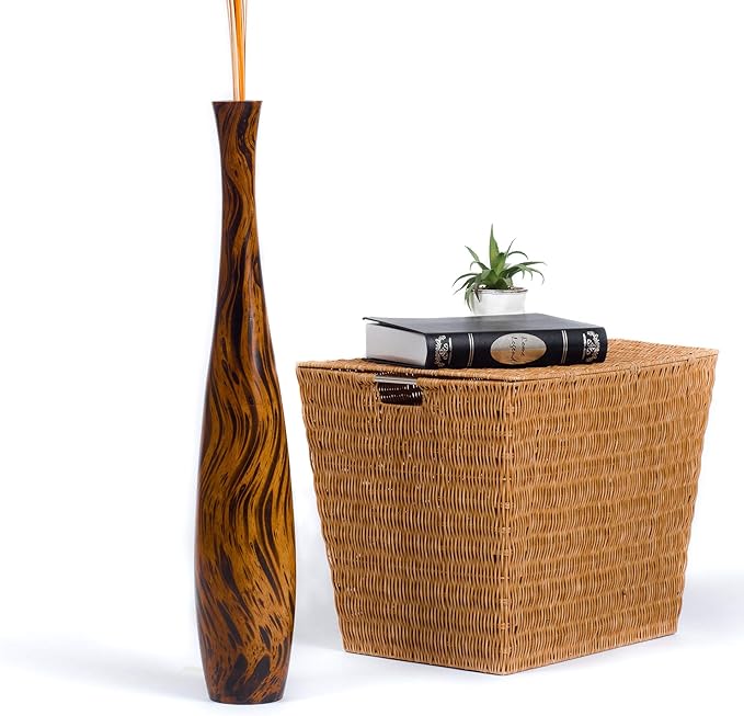 Leewadee Large Brown Light Brown Home Decor Floor Vase – Wooden 26 inches Tall Farmhouse Decor Flower Holder for Fake Plant and Pampas Grass