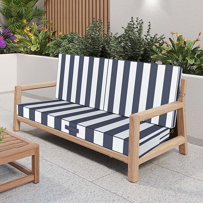 Outdoor Loveseat Cushion Set 46 x 26 Inch, Waterproof & Fade-Resistant Deep Seat Patio Cushions with Removable Cover, Ties & Hidden Zipper,Patio Love Seat Sofa Cushions for Sofa Bench Couch,BlueStripe