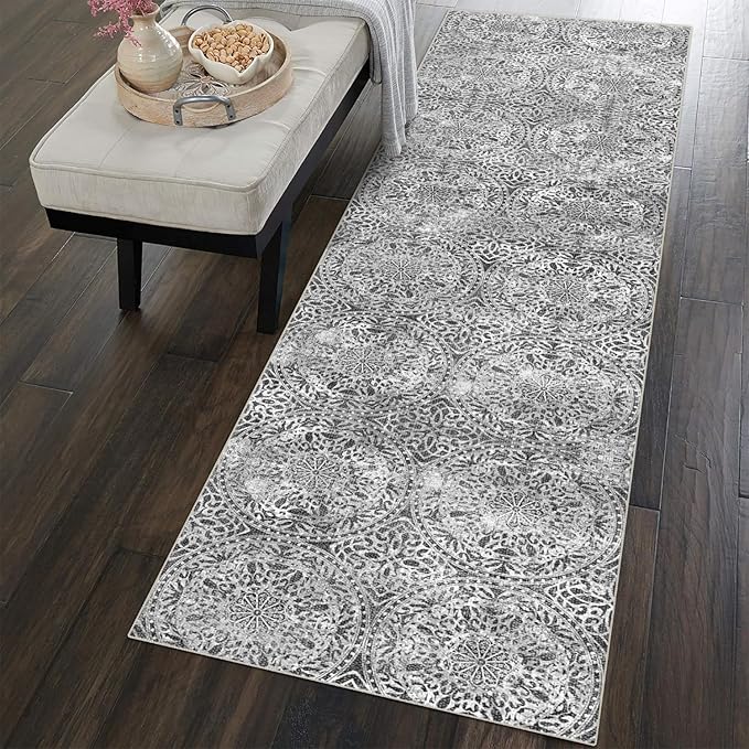 vivorug Runner Rug 2'x8' Machine Washable Non-Slip Runners for Hallways Kitchen Entryway Laundry Room Vintage Medallion Carpet Hallway Runner Grey