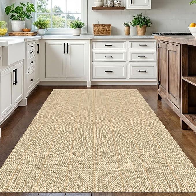 IOHOUZE Washable Area Rug 5x7 Non Slip Rubber Backed Rugs for Living Room, Dining Room Rugs Bedroom Rug, Woven Indoor Floor Carpet for Living Room Nursery, Warm Beige/Orange/Apricot