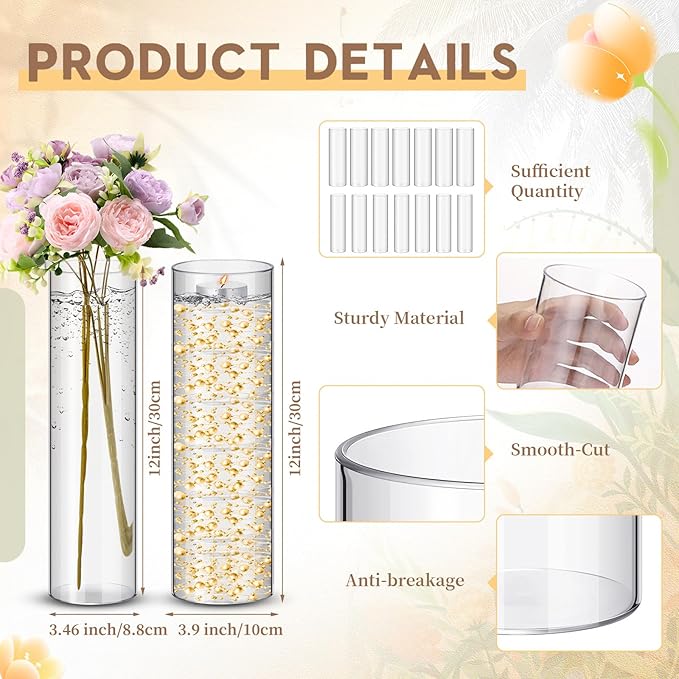 Nuogo 24 Pcs Acrylic Clear Cylinder Vase Plastic Flower Vase Unbreakable Tall for Wedding Centerpieces Party Home Plants Bouquet Decor (12 Inch)