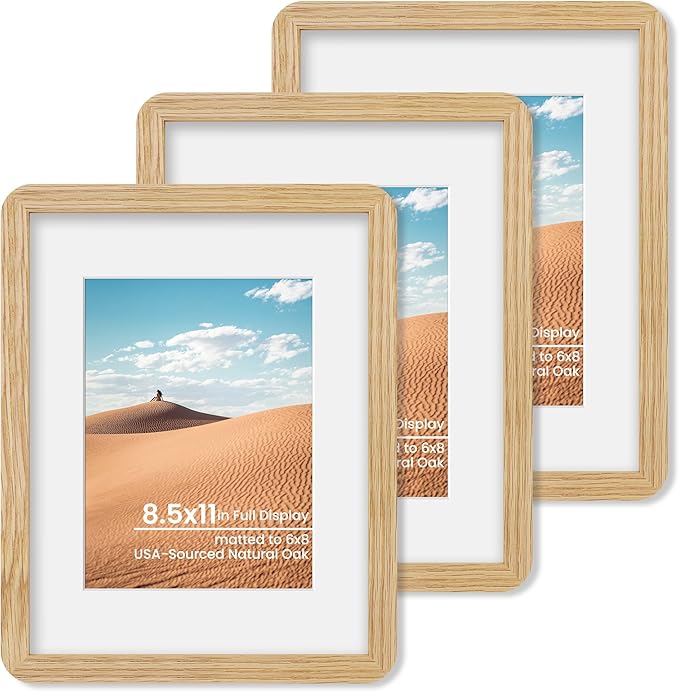 8.5x11 Round Corner Picture Frame, Solid Oak Wood Frame Matted For 6x8 With Plexiglass, Hanging Hardware Included For Tabletop Or Wall Display Frame, Natural Oak, 3 Pack