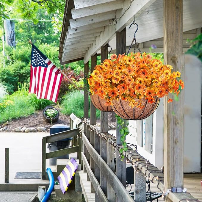 Orgrimmar 2 Pack Artificial Hanging Flowers Basket Outdoor Fake Hanging Plants UV Resistant Realistic Silk Flowers Eucalyptus in Coconut Lining Baskets for Home Porch Balcony Patio Yard Orange