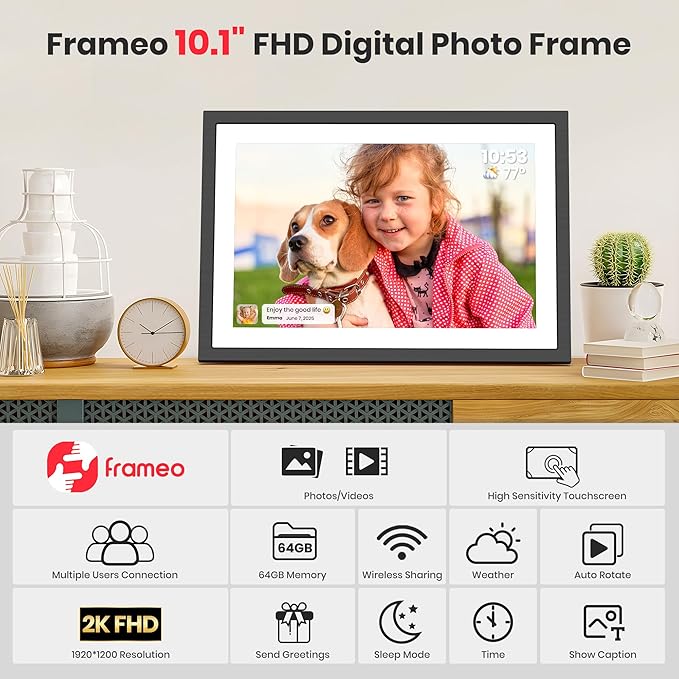 2K 64GB Frameo 10.1 Inch Digital Picture Frame, Smart WiFi Electronic Photo Frames with 1920x1200 FHD IPS Touch Screen Slideshow Tabletop&Wall Mounted, Share Photos/Videos Instantly from Anywhere