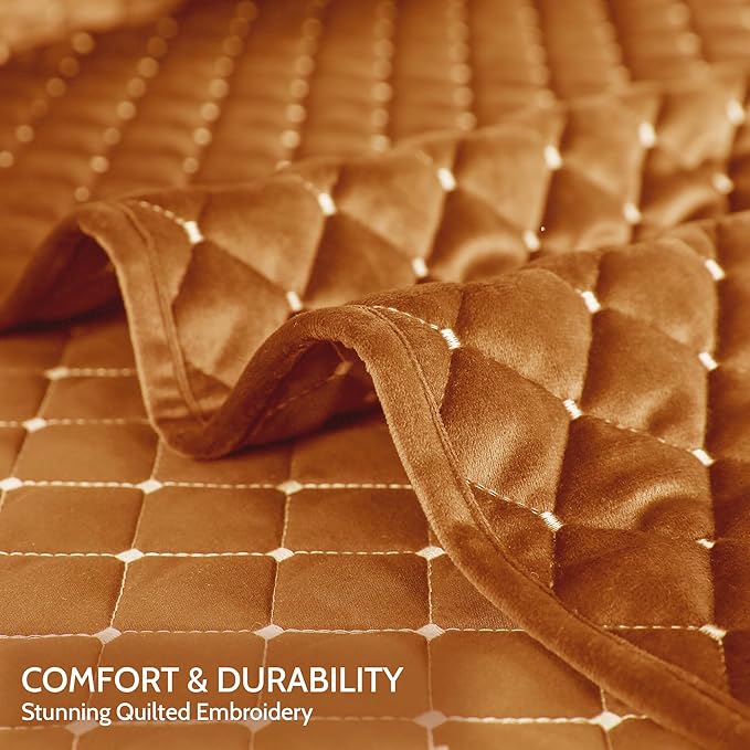 Reversible Velvet Quilt Twin Size, Luxurious Bedspread Quilted Bedding Set, Cozy Soft Coverlet Set Lightweight Comforter with Pillow Shams, Orange