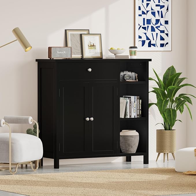 Irontar Bathroom Cabinet with Doors, Bathroom Floor Cabinet with Drawer & Adjustable Shelf, Kitchen Cupboard Storage for Living Room, Entryway, Black