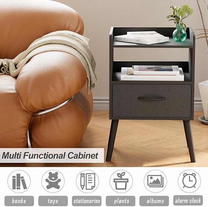 NightStand with Open Shelf,Night Stand with Drawer Storage Side Table End Tables,Bedside Table with Solid Wood Feet,Mid Century Night Stands for Bedroom Sofa Couch Small Spaces (Black)