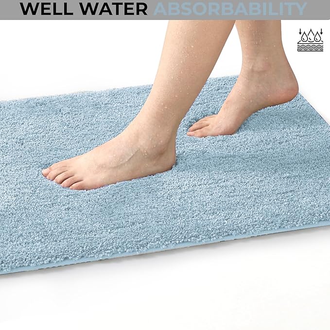 YHF Bathroom Rugs 24" X 47", Extra Thick & Soft Microfiber Shaggy, Machine Washable Bath Mats, Absorbent Bath Rugs, Non-slip Rubber Backing Bath Mat for Bathroom Floor, Tub and Shower, Blue Shell