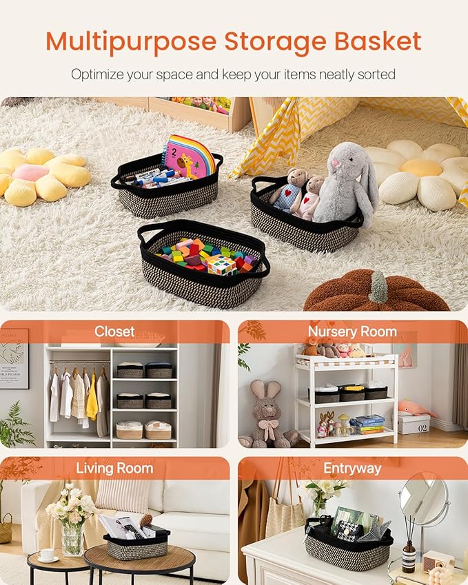 KALLAX Small Woven Basket, 12 x 8 x 4.5 Inches, Small Storage Baskets for Organizing, Gift Baskets Empty, Cute Rope Shelf Closet Storage Bins for Shelves, Dog Toy Basket, Black & Brown
