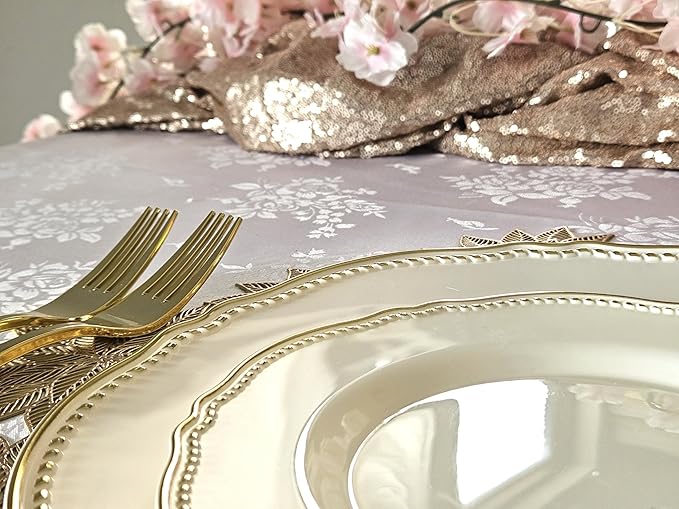 " OCCASIONS " 240 Plates Pack,(120 Guests) Heavyweight Premium Disposable Plastic Plates Set -120 x 10.25'' Dinner + 120 x 7.5'' Salad/Dessert (Rochelle Ivory and Gold)