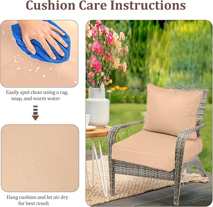 Waterproof Outdoor Chair Cushion Set of 4, 19x19x4 IN Deep Seat Patio Cushions with Fade Resistant Removable Cover,Outdoor Cushions for Patio Furniture with Ties&Handle for Chair Sofa Couch,Beige