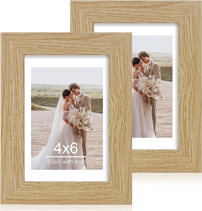 4x6 Picture Frame Set of 2, Made of Real Glass and Natural Oak Wooden Frame - Display Pictures 3.5x5 with Mat or 4x6 Without Mat, 4 by 6 Photo Frame for Wall or Tabletop Display