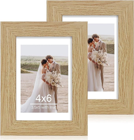 4x6 Picture Frame Set of 2, Made of Real Glass and Natural Oak Wooden Frame - Display Pictures 3.5x5 with Mat or 4x6 Without Mat, 4 by 6 Photo Frame for Wall or Tabletop Display