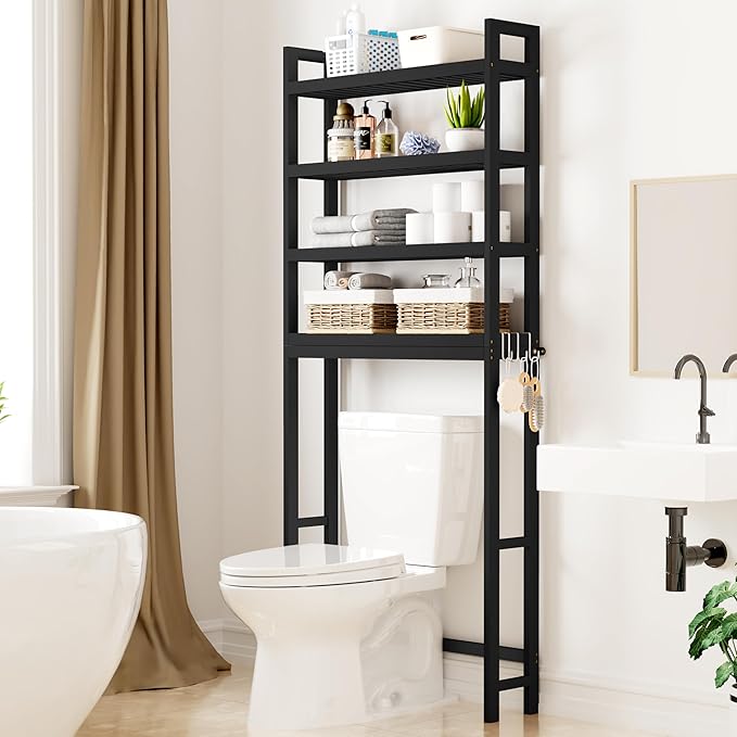 Smiry Over The Toilet Storage Cabinet, 4-Tier Bamboo Bathroom Organizers with Adjustable Shelf & 4 Hooks, Space Saving Shelf Rack for Bathrooms, Laundry Room, Balcony, Black