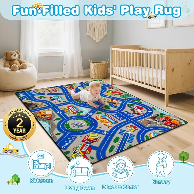 Road Car Rug, 5x7 Ft City Road Rug for Kids, Extra Thick (0.4in) Kids Floor Play Mat and Car Carpet with Realistic Colors - Perfect for Children, Soft and Non-Slip for Playroom and Bedroom