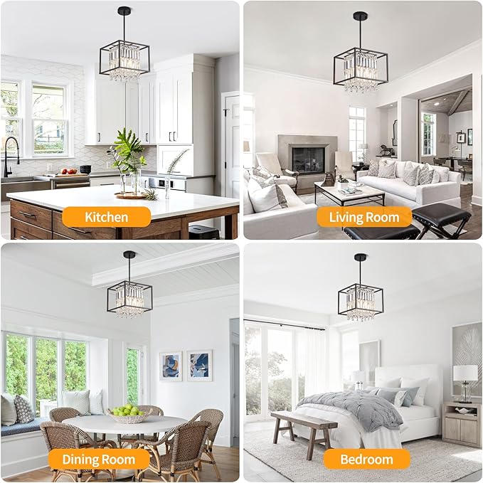 Kitchen Island Pendant Lighting,Modern Industrial Crystal Black Pendant Light Fixture,Adjustable Pendant Hanging Light for Dining Room Living Room Foyer Hallway Entry (4 Lights 11.8")