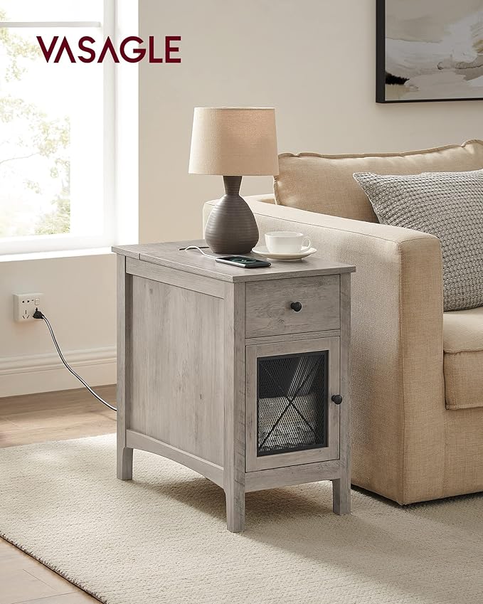VASAGLE Side Table with Storage, End Table with USB Ports and Outlets, Nightstand with Charging Station, Drawer, Storage Cabinet, Magazine Rack, for Living Room, Bedroom, Greige ULET312T02