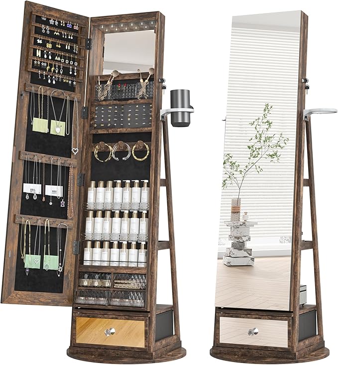 Mirror Jewelry Cabinet Standing, 360° Swivel Jewelry Armoire with 6 LED Lights, Rotatable Mirror Jewelry Organizer, Rustic Brown