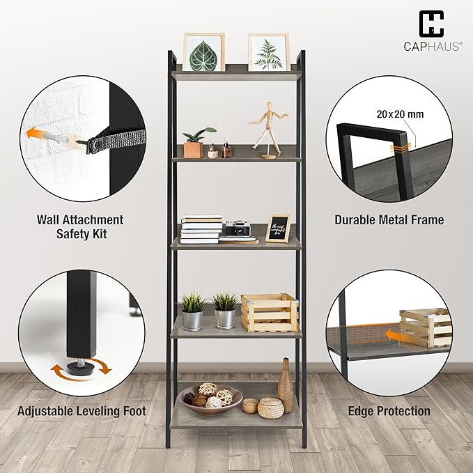 CAPHAUS 5 Tier Ladder Bookshelf, 24 Inch Width Free Standing Shelf, Bookcase Shelf Storage Rack Organizer, Industrial Book Shelves for Home Office, Living Room, Kitchen, Dark Grey, Vintage Shelves