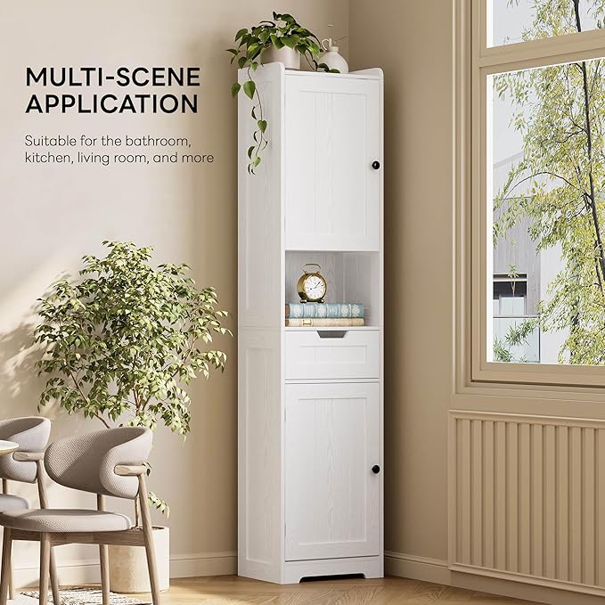 LIKIMIO 68" Tall Bathroom Storage Cabinet with Lights, Narrow Storage Cabinet with Adjustable Shelves, 2 Doors, 2 Hooks & 1 Drawer, Slim Freestanding Cabinet for Bathroom, Living Room, Kitchen, White