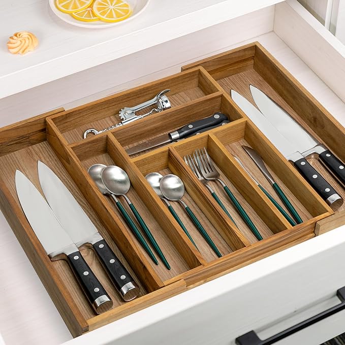 VaeFae Teak Drawer Organizer, Large Silverware Organizer, Expandable Utensil Organizer for Kitchen Drawer, Wooden Cutlery Tray Drawer Dividers Organizer