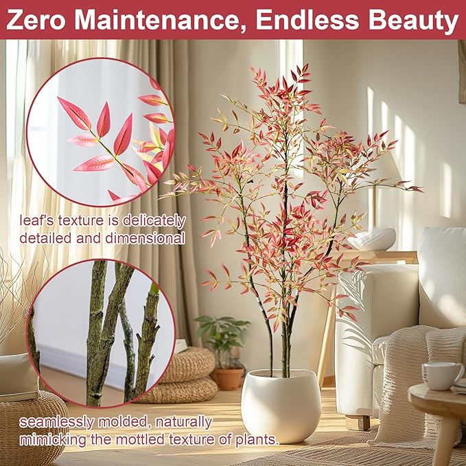 4.6ft Faux Bamboo Tree Artificial Nandina Tree Artificial Indoor Plants Realistic Fake Potted Tree with 800+ Leaves, Cement Planter - Home Office Decor Perfect for Housewarming Gift No Planter