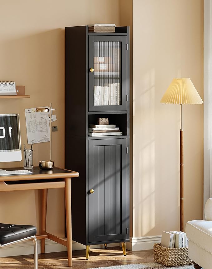 69'' Tall Bathroom Storage Cabinet with 2 Adjustable Shelves, Black 6 Tier Narrow Bathroom Cabinet with 2 Doors, Slim Linen Cabinets for Brathroom,Home Office,Wood