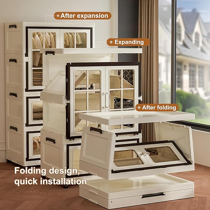 SunSettler Stackable Storage Bins with Lids, Stackable Organizers Storage Cabinets, Plastic Collapsible Bins with Doors, Folding Store Box Cabinet for Home Office Dorm