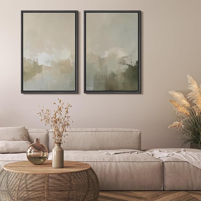 MUDECOR Framed Canvas Print Wall Art Set Neutral Misty Abstract Landscape Beige and Oliv Illustrations Modern Art Decorative Bohemian Calm/Zen for Living Room, Bedroom, Office - 16"x24"x2 BLACK