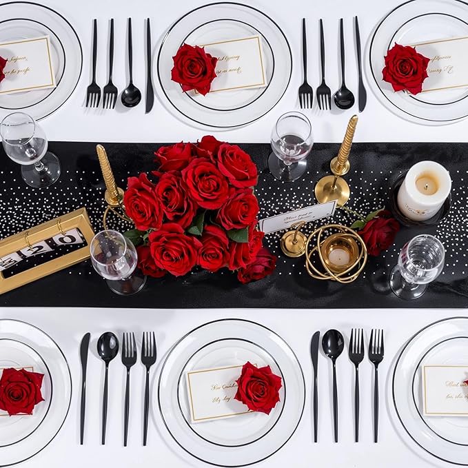 LIYH 120 Pcs Black Plates Disposable for Party - Clear Plastic Disposable Heavy Duty Plastic Party Wedding Plates Including 60 Dinner Plate 10.25" & 60 Dessert Plate 7.5 "