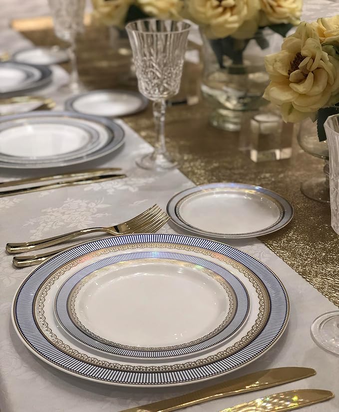 " OCCASIONS " 240 Plates Pack,(120 Guests) Heavyweight Premium Disposable Plastic Plates Set -120 x 10.5'' Dinner + 120 x 7.5'' Salad/Dessert (Louvre Blue/Gold)