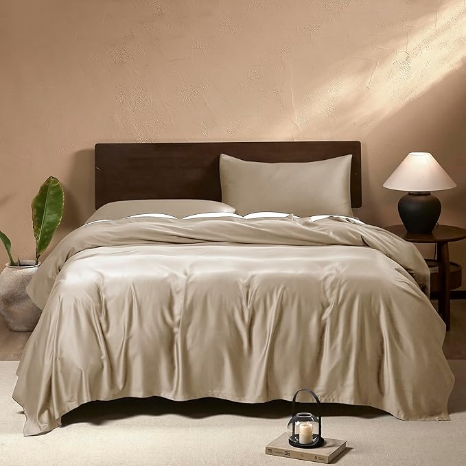 EVERLY Twin Sheets Set,Luxuriously 400 Thread Count Organic Viscose Derived from Bamboo Bed Sheet,Cooling Sheets for Twin Size 3 Piece Deep Pockets Bedding Sheets-Champagne