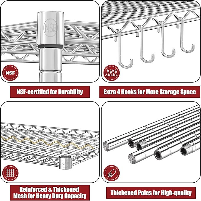 PrimeZone 4 Pack Storage Shelves 55.5"W x 24"D x 76"H 4 Tier with Wheels, Adjustable Wire Shelving Garage Heavy Duty Shelves Unit, Rolling Metal Organizer Shelf Utility Rack Warehouse, Pantry, Chrome