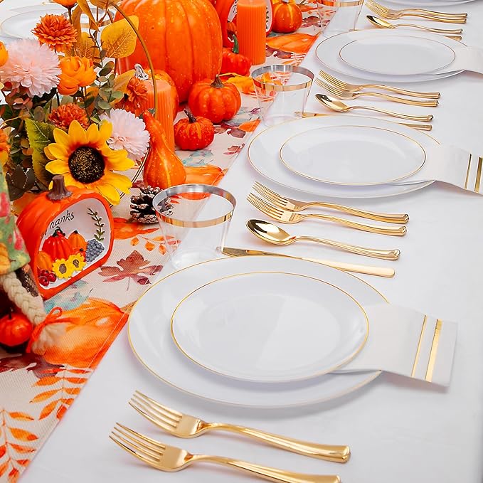 Festiva 176Pcs White and Gold Plastic Plates - White with Gold Rim Dinnerware Set - 25Guest include Plates Cups Cutlery Napkins forThanksgiving Party&Wedding& New Year