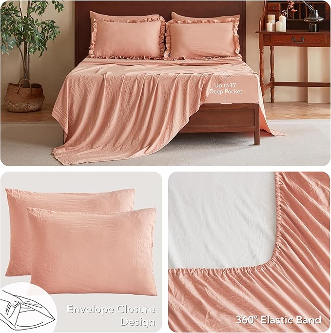 MR&HM King Comforter Set 7 Pieces, Soft Ruffled Bedding Set Coral Pink, Farmhouse Shabby Chic Bed in a Bag with 1 Comforter, 1 Flat Sheet, 1 Fitted Sheet, 2 Pillowcases & 2 Pillow Shams
