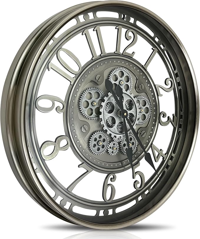 DORBOKER Real Moving Gears Wall Clock Large Modern Metal Clocks for Living Room Decor, Industrial Steampunk Unique Vintage Rustic Decorative Clock for Home Farmhouse Office, 30 Inch,Gunmetal Arabic