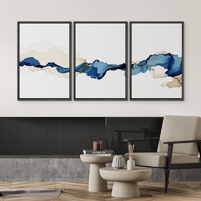 SIGNWIN 3 Piece Framed Canvas Wall Art Blue and Brown Watercolor Nature Wilderness Illustrations Abstract Traditional Relax/Calm Home Artwork Decoration for Living Room,Bedroom - 24"x36"x3 Black