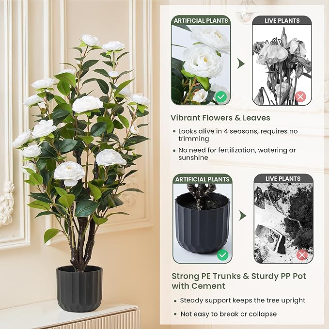 3.2FT Artificial Camellia Trees, White Silk Flowers, Indoor Faux Plants with Realistic Trunk in Black Cement Pot for Home House Living Room Bedroom Office Decor, 2pcs