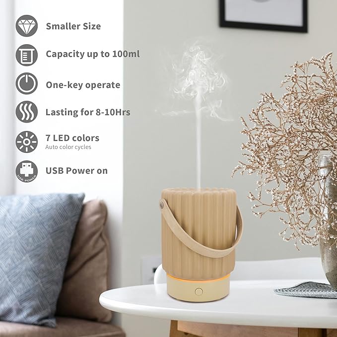 Essential Oil Diffuser - Multifunction Aromatherapy Diffuser 7 LED Color Changing Light 100ML Ceramic Diffuser Easy to Clean Suitable for Home,Office(Beige)