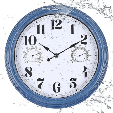 12 inch Outdoor Wall Clock, Plastic Waterproof Outdoor Clock with Temperature & Humidity, Water Resistant Wall Clocks for Patio Garden, Blue