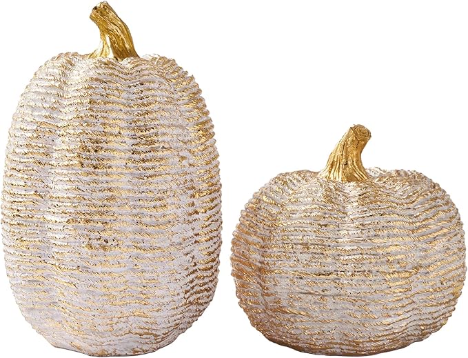 DN DECONATION Fall Pumpkin Decorations Table Centerpieces, 2Pcs White & Gold Artificial Pumpkins Figurines for Autumn Thanksgiving Harvest Indoor Home Decor (Resin with Rope-Wrapped Texture)
