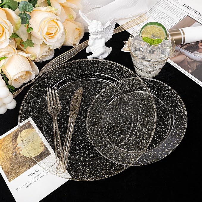 DaYammi 210PCS Gold Glitter Plastic Dinnerware Set for 30 Guests, Fancy Disposable Plates for Party, Include: 30 Dinner Plates, 30 Dessert Plates, 30 Pre Rolled Napkins with Gold Silverware, 30 Cups
