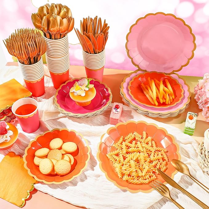169 Pcs Pink and Orange Plates and Napkins Party Supplies for Guests Hot Pink Orange Tableware Include Scalloped Plates Paper Napkin Cup Spoon Fork Knife for Baby Shower, Wedding, Birthday