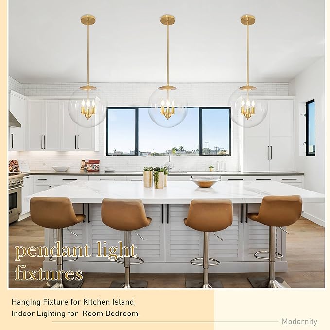 13.7" Globe Pendant Light Contemporary Globe Pendant Lights Kitchen Island 3 Light Gold Mid Century Pendant Light Clear Glass with Brass Finish Adjustable Hanging Light Fixture for Dining Room