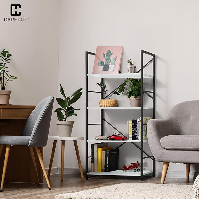 CAPHAUS 4 Tier Bookshelf, 24 Inch Width Free Standing Shelf, Bookcase Shelf Storage Organizer, Industrial Book Shelves for Home Office, Living Room, Kitchen, White Shelves & Metal Frame