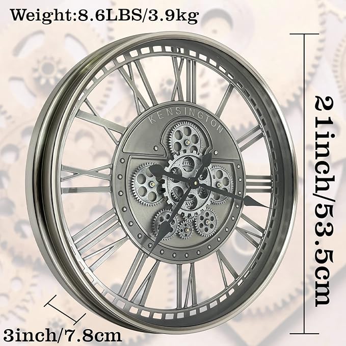 DORBOKER Real Moving Gears Wall Clock Large Modern Metal Clocks for Living Room Decor, Industrial Steampunk Unique Vintage Rustic Decorative Clock for Home Farmhouse Office, 21 Inch,Gunmetal Roman