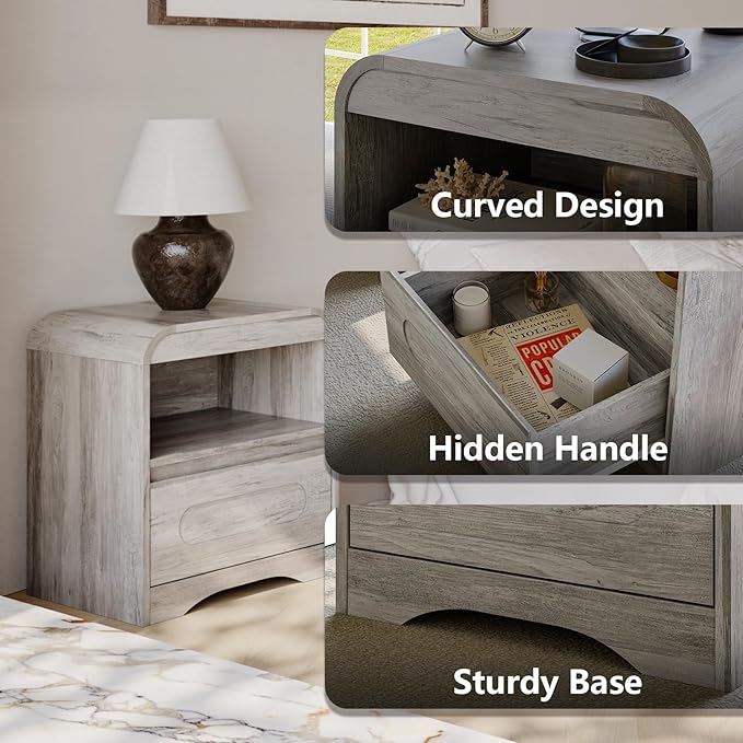 Grey Nightstand Set of 2, Nightstand with Drawers, 22" Modern Nightstands Bed Side Table Large Bedside Stand 18" Wide End Table for Bedroom Living Room Sofa Office,Curved Profile Design